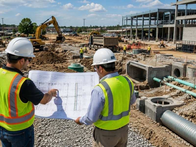 Construction plans reviewed by civil engineers at an active commercial site with utility installation, grading work, and structural construction.