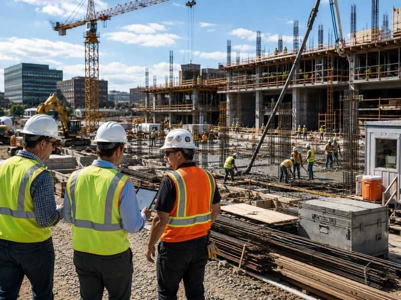 Construction project management team conducting a site inspection and coordinating work at a commercial building construction project.