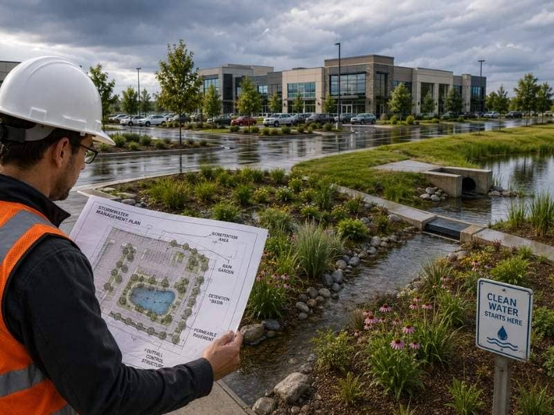 Stormwater design features include a detention basin, rain garden, and drainage channel serving a commercial development site.
