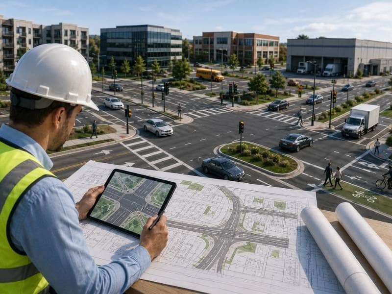 Traffic engineer reviewing site plans and analyzing traffic flow at a signalized intersection serving residential, office, school, and warehouse developments.
