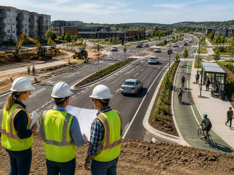 Transportation engineer inspecting a roadway expansion project with multimodal infrastructure to support future community growth.
