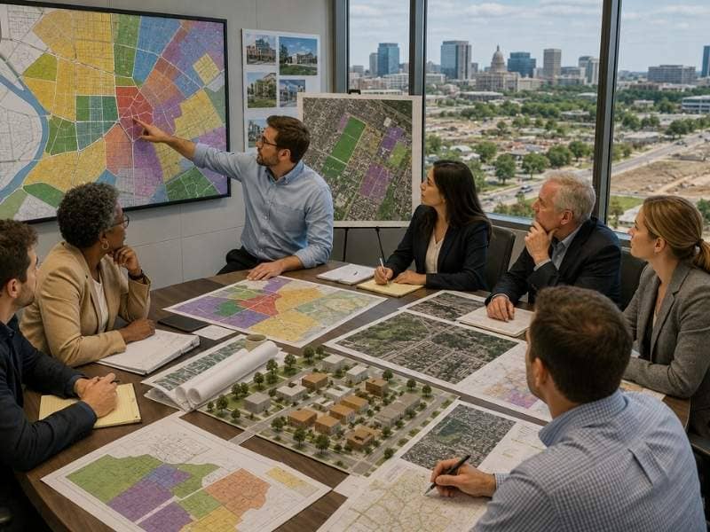 Land planning meeting with city planners reviewing zoning maps and future land use plans for a growing urban area.
