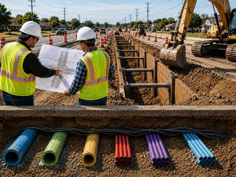  Roadway design coordination before utility delays showing engineers reviewing roadway plans with underground utility maps before construction begins.