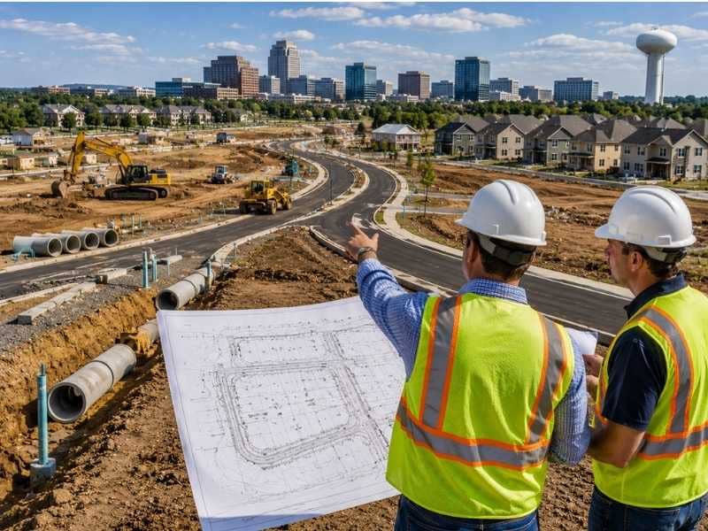 Civil Engineer Planning for Fast-Growth Projects showing civil engineers reviewing site plans for new roads, utilities, and residential development in a growing community.
