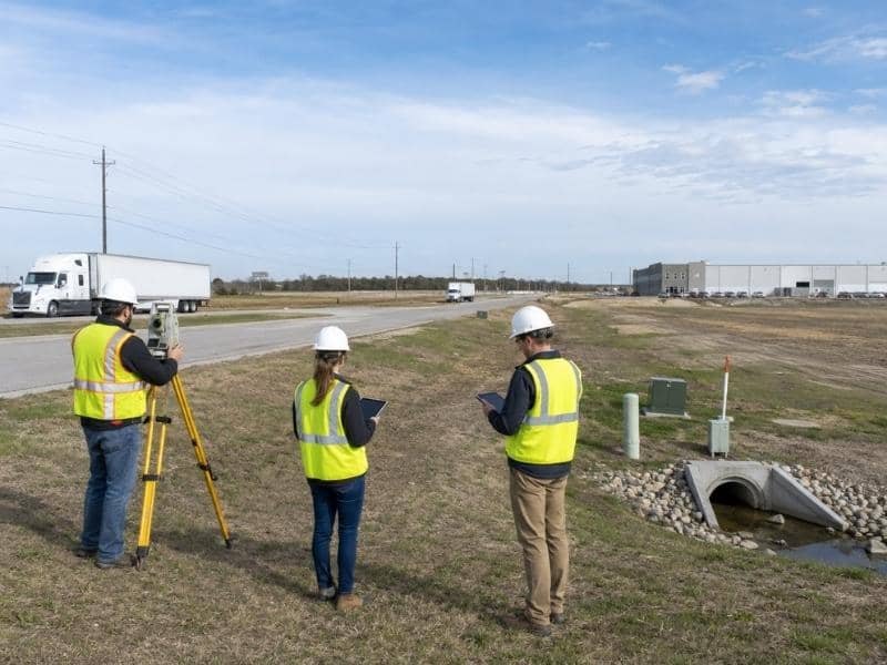Civil engineering company evaluating utilities, drainage, truck access, and site conditions for an industrial development