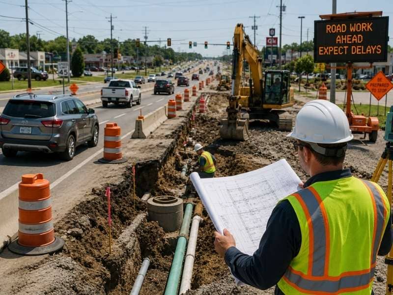 Construction engineering for active roadway corridors showing traffic control, utility excavation, heavy equipment, and an engineer reviewing plans