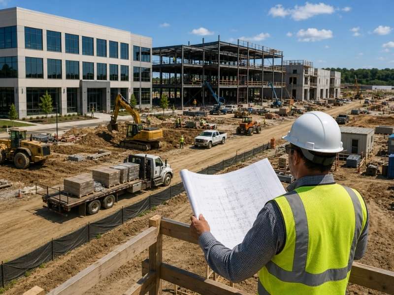 Construction manager planning for multi phase sites showing a completed building, active construction, equipment, deliveries, and site coordination