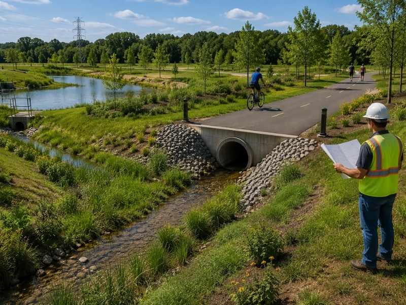 Drainage design along a greenway showing a dry recreational trail, vegetated swale, culvert crossing, and stormwater basin.
