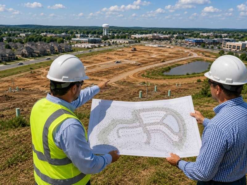 Land Development Engineer Input Before Purchase showing engineers evaluating raw land, reviewing a site plan, and assessing development potential before buying property.