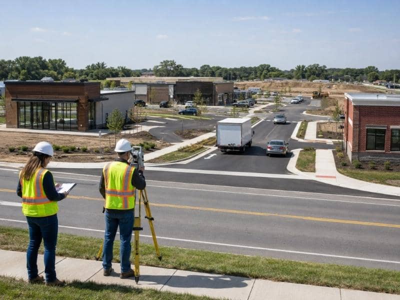 Licensed engineer review for shared access roads serving multiple commercial properties and connecting to a public roadway
