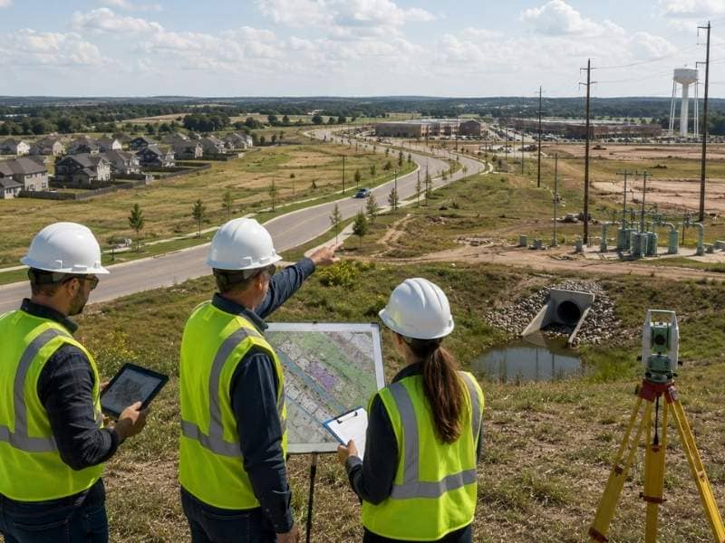 Professional civil engineer reviewing roads, utilities, drainage, and future development across a newly annexed growth area