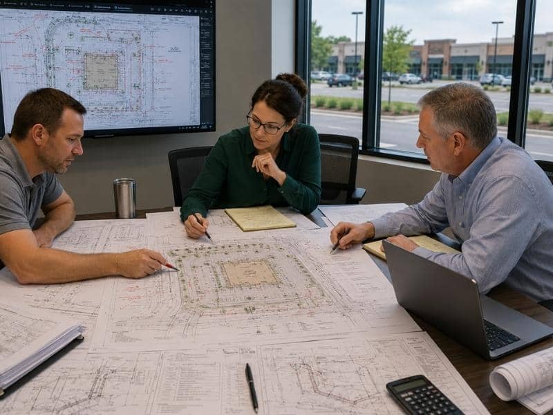 Site plan review meeting with engineers and project reviewers coordinating building placement, parking, drainage, utilities, and access for approval.
