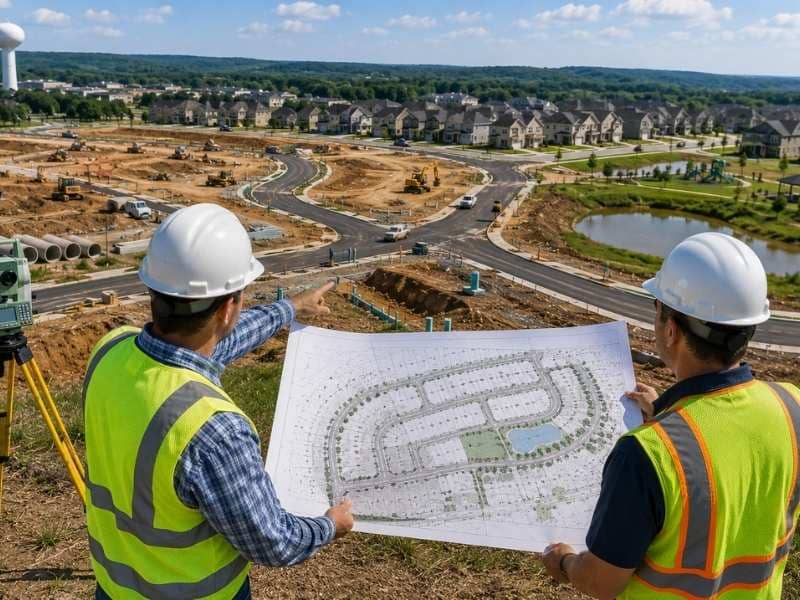 Subdivision Engineering for Smarter Infrastructure showing engineers reviewing subdivision plans with new roads, utilities, drainage systems, and neighborhood development.