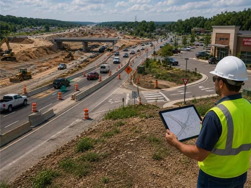 Traffic engineer reviewing property access, temporary traffic patterns, and future roadway conditions near a bypass construction project.
