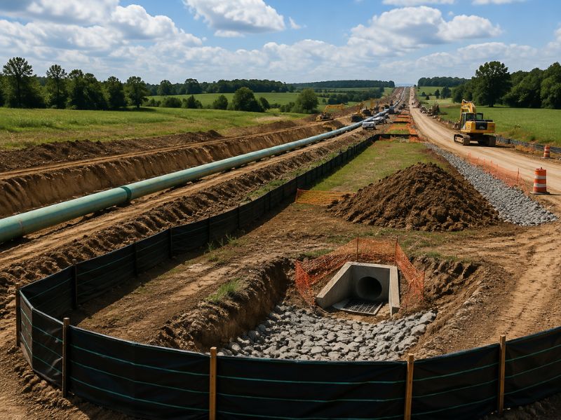 Construction site with a long trench and a large pipeline being installed; a blue-green pipe spans the ditch while excavators and vehicles work in the distance, with orange safety fencing and gravel along the trench.