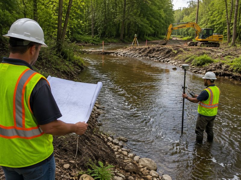 Two construction workers wearing hard hats and high-visibility vests stand in a shallow river; one reads blueprints while the other uses surveying equipment, with a yellow excavator in the background.