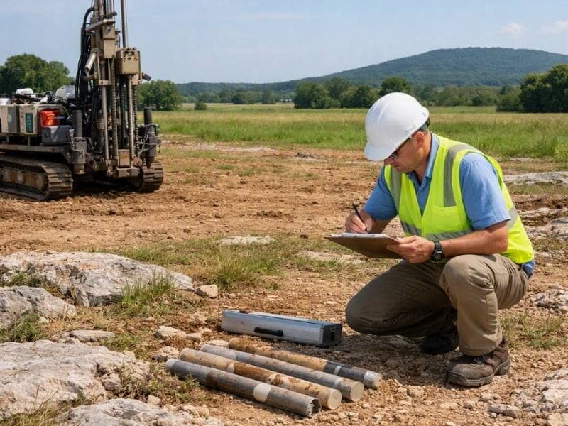 Geotechnical engineer reviewing soil core samples during a karst site investigation in Huntsville, Alabama