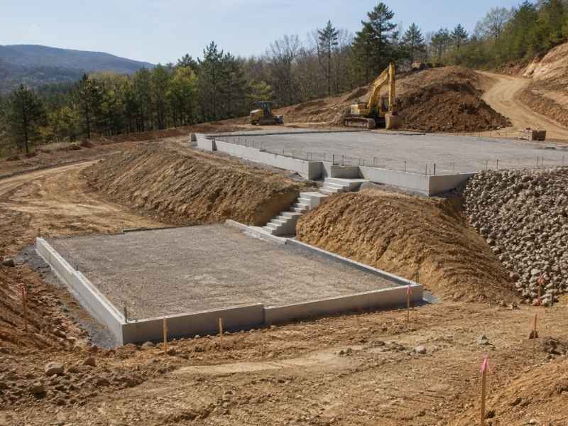 Construction site showing a raised concrete foundation with stairs connecting levels, dirt mounds, and excavators on a hillside in the background.