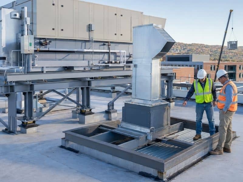Structural engineer huntsville | Huntsville Civil Engineering Structural engineers inspect steel dunnage supporting heavy rooftop equipment on a Huntsville research building